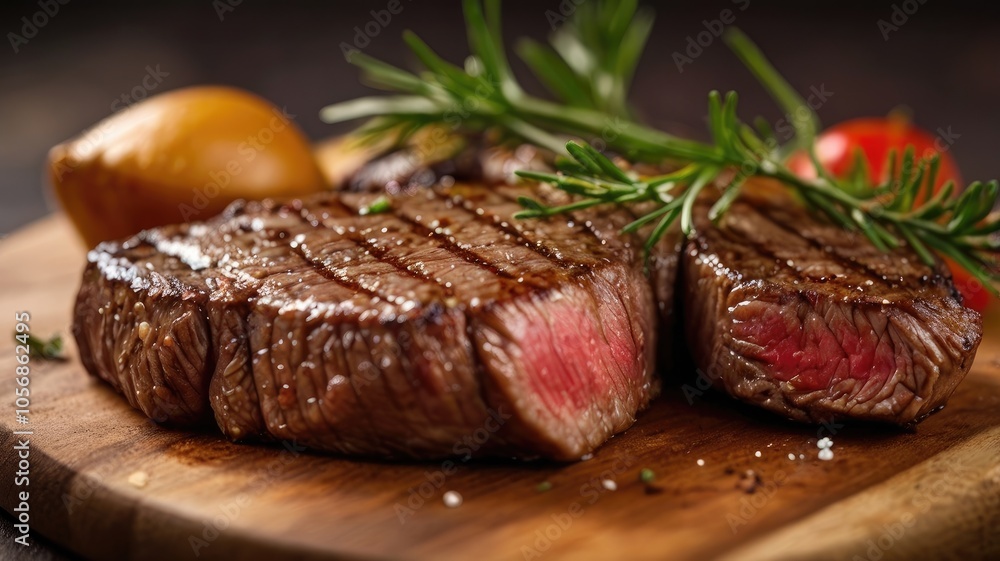 Juicy beef steak served on a board in blurred background Juicy beef steak served on a board in blurred background