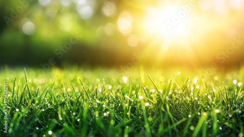Dewdrops on Grass Blades with a Blurred Background of Sunlight Through Trees