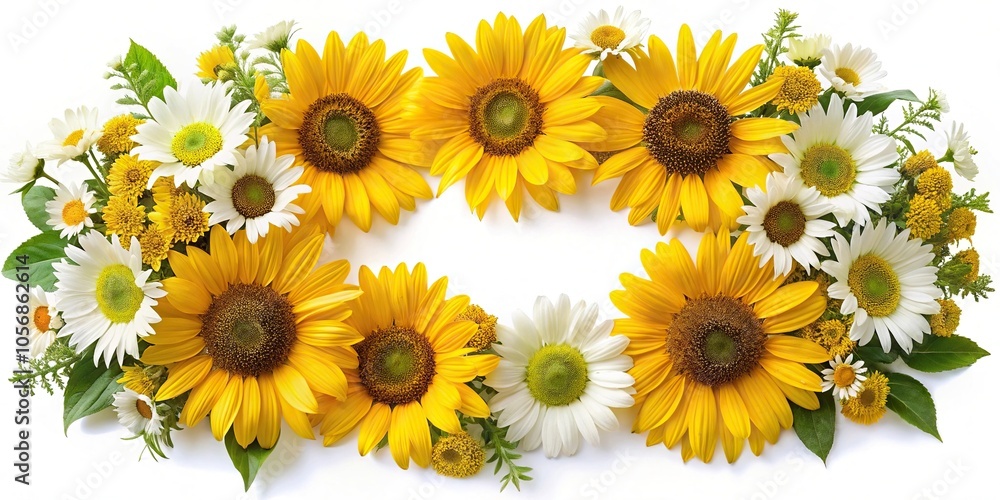 Bold sunflower and daisy arrangement creating a statement border, fresh cut flowers, garden beauty Bold sunflower and daisy arrangement creating a statement border, fresh cut flowers, garden beauty