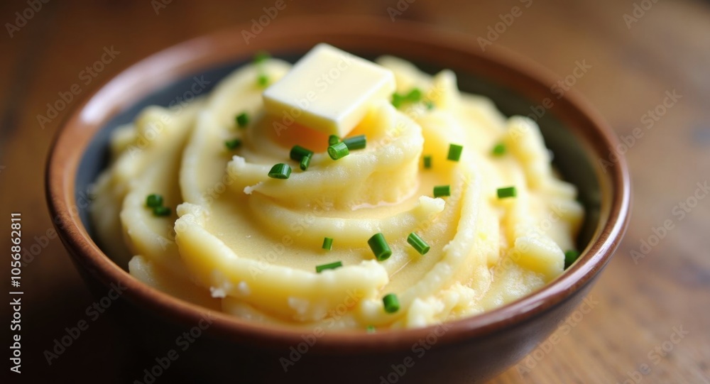 A bowl of creamy mashed potatoes with butter and chives A bowl of creamy mashed potatoes with butter and chives