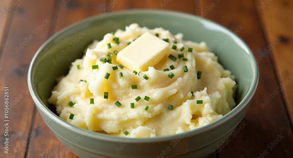 A bowl of creamy mashed potatoes with butter and chives A bowl of creamy mashed potatoes with butter and chives