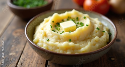 A bowl of creamy mashed potatoes with butter and chives