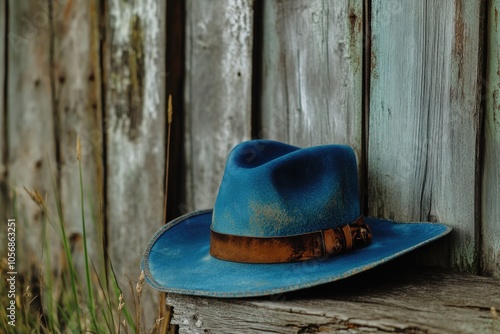 A blue hat sitting on top of a wooden bench, perfect for adding a pop of color to your scene photo