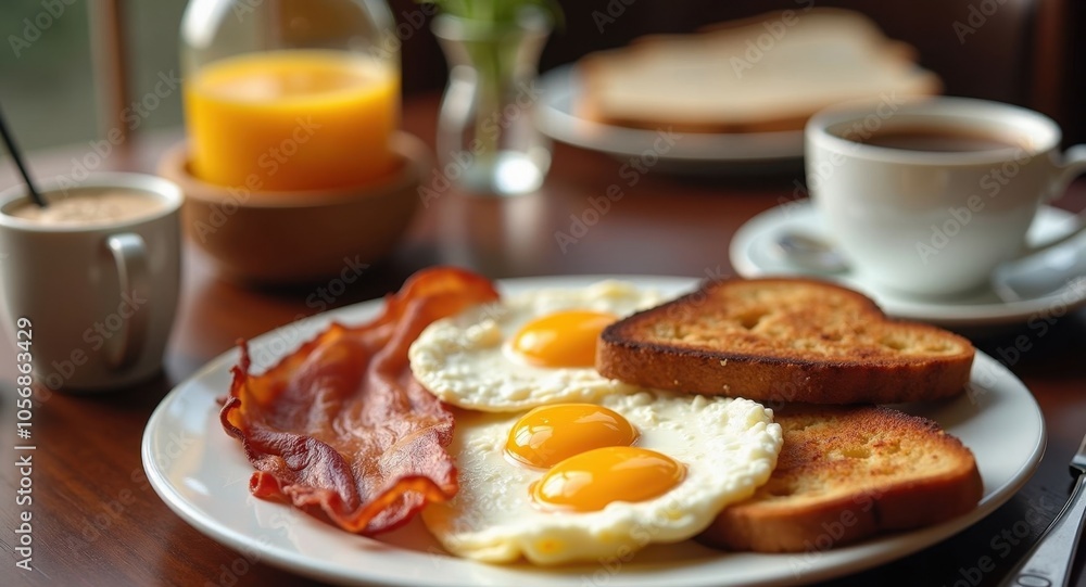 A decadent breakfast spread with bacon, eggs, and toast A decadent breakfast spread with bacon, eggs, and toast