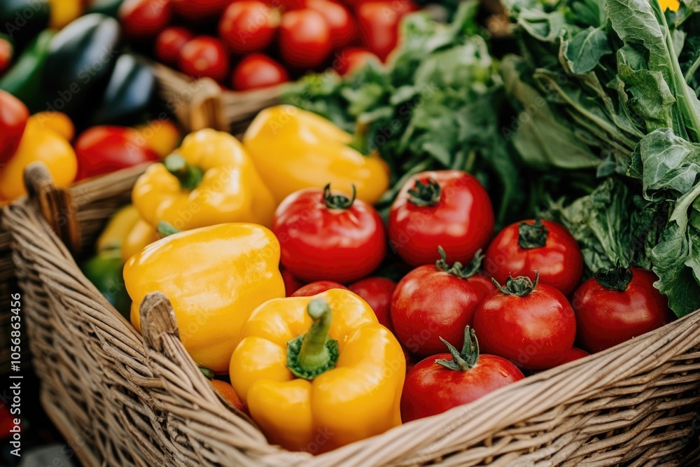 A colorful mix of fresh vegetables in a woven basket, great for still life photography or food-related themes A colorful mix of fresh vegetables in a woven basket, great for still life photography or food-related themes