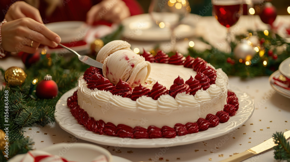 festive table setting features delicious ice cream cake adorned with red and white frosting, perfect for sharing during Christmas celebrations festive table setting features delicious ice cream cake adorned with red and white frosting, perfect for sharing during Christmas celebrations