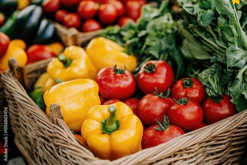 A colorful mix of fresh vegetables in a woven basket, great for still life photography or food-related themes