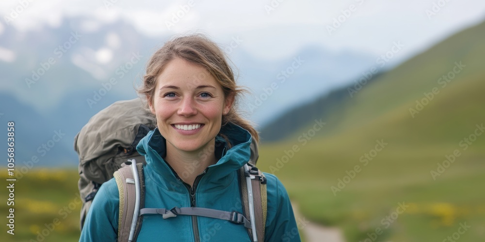 Serene Swiss Woman Smiling While Hiking on a Mountain Trail in Nature's Embrace Serene Swiss Woman Smiling While Hiking on a Mountain Trail in Nature's Embrace