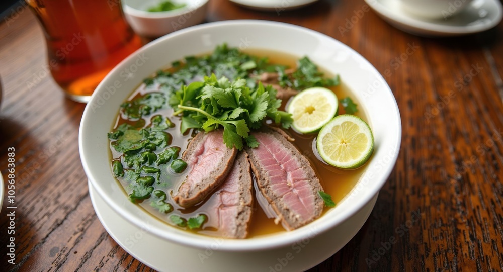 A bowl of pho with sliced beef, fresh herbs, and lime wedges A bowl of pho with sliced beef, fresh herbs, and lime wedges
