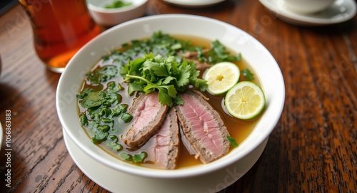 A bowl of pho with sliced beef, fresh herbs, and lime wedges