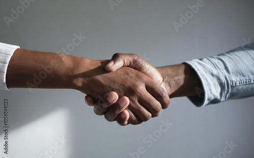 A close-up photo of two hands engaged in a handshake, set against a clean, white background