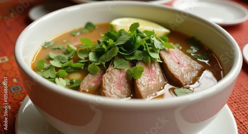 A bowl of pho with sliced beef, fresh herbs, and lime wedges