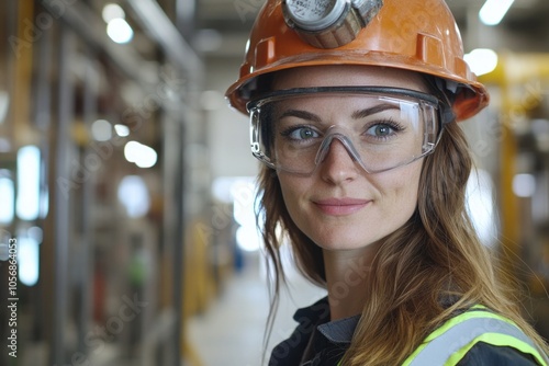 A woman wearing a hard hat and safety glasses on a construction site