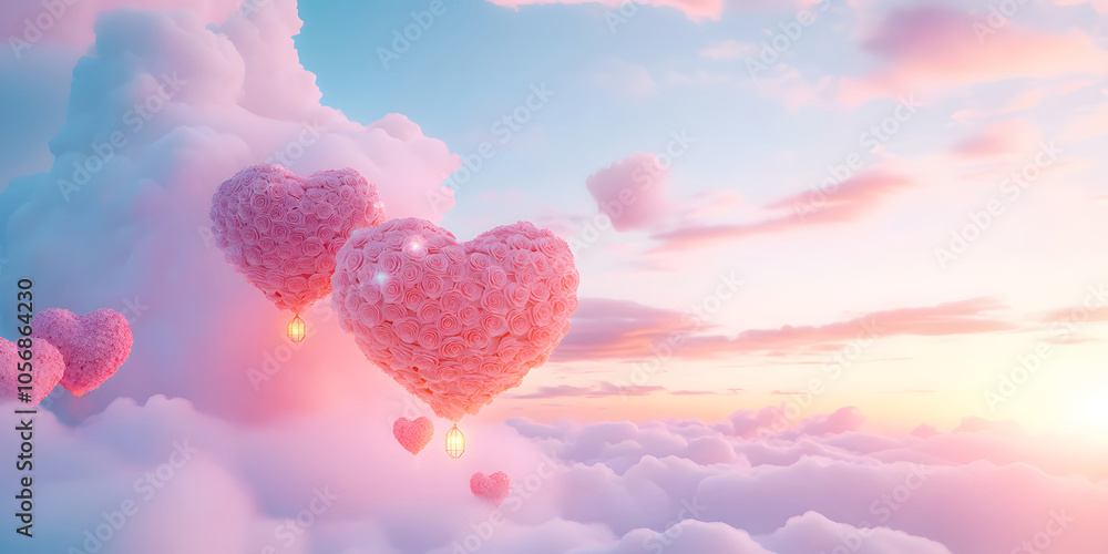 Floating Heart-Shaped Islands Amidst Soft Clouds and a Pastel Sky Evoke a Dreamy and Romantic Atmosphere Perfect for Imagination Floating Heart-Shaped Islands Amidst Soft Clouds and a Pastel Sky Evoke a Dreamy and Romantic Atmosphere Perfect for Imagination