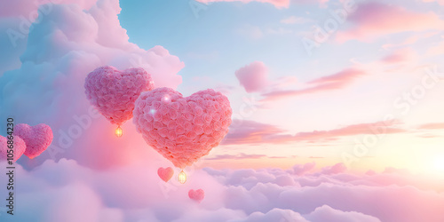 Floating Heart-Shaped Islands Amidst Soft Clouds and a Pastel Sky Evoke a Dreamy and Romantic Atmosphere Perfect for Imagination