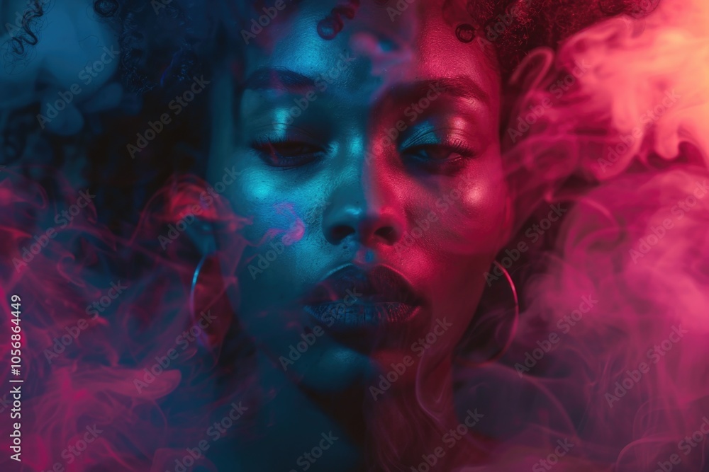 A woman with blue and pink smoke entwined in her hair, a mysterious and intriguing scene A woman with blue and pink smoke entwined in her hair, a mysterious and intriguing scene