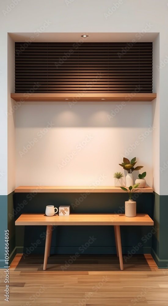 Minimalist wooden shelf with two shelves against a teal wall and a white background, with a wooden bench underneath. Minimalist wooden shelf with two shelves against a teal wall and a white background, with a wooden bench underneath.