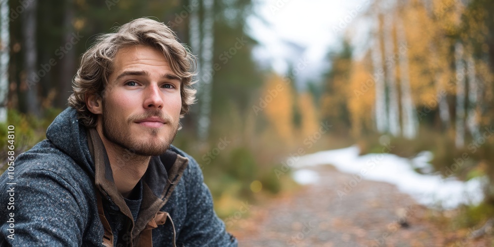 Serene Swedish Man Sitting Peacefully in a Quiet Forest Surrounded by Nature's Beauty Serene Swedish Man Sitting Peacefully in a Quiet Forest Surrounded by Nature's Beauty