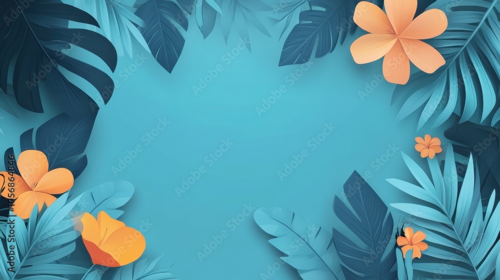 Tropical Nature Frame with Vibrant Flowers and Leaves Tropical Nature Frame with Vibrant Flowers and Leaves