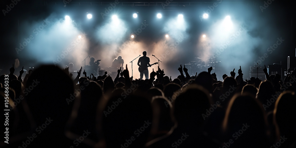 Obraz premium concert crowd silhouetted against bright stage lights creates electrifying atmosphere. excitement and energy of audience are palpable as they enjoy performance