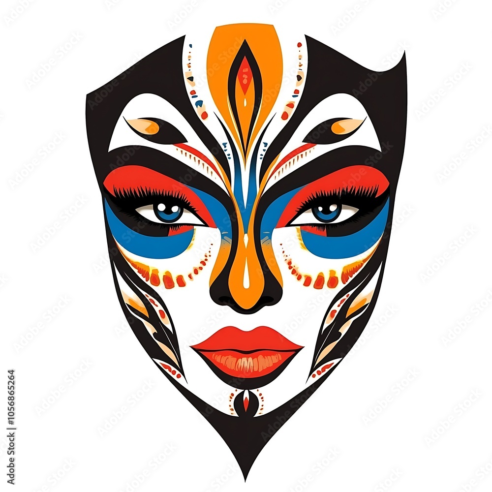 Cartoon face of a woman in tribal makeup with striking colors on a white background. Cartoon face of a woman in tribal makeup with striking colors on a white background.