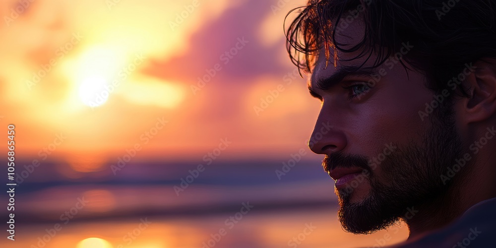 A Spanish Man with a Serene Expression Watching the Sunset at the Beach A Spanish Man with a Serene Expression Watching the Sunset at the Beach