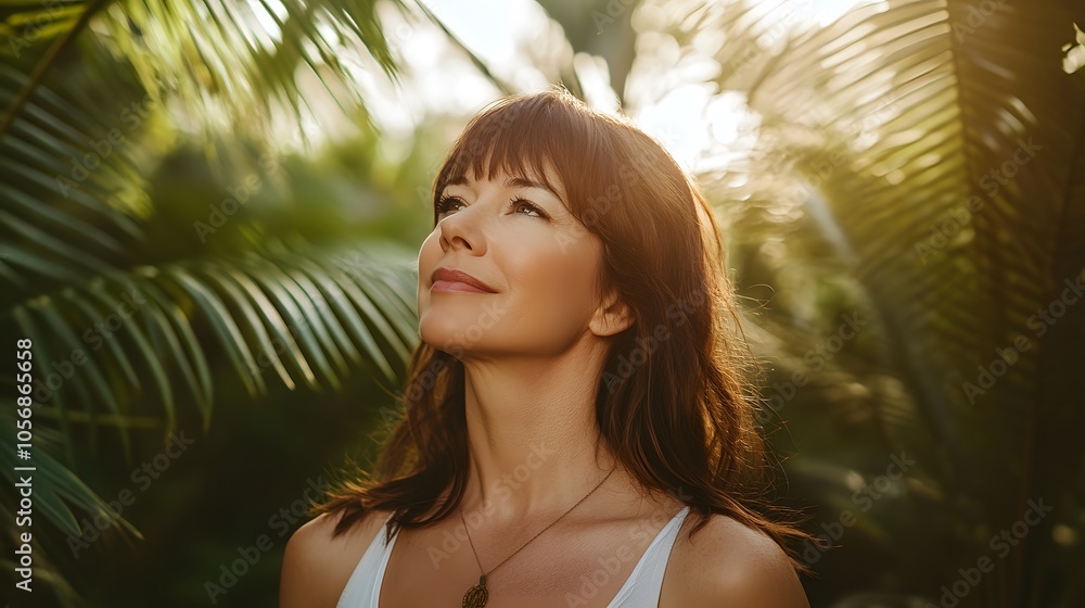 A woman with her eyes closed, smiling and standing in the sunlight of an outdoor setting surrounded by palm trees A woman with her eyes closed, smiling and standing in the sunlight of an outdoor setting surrounded by palm trees