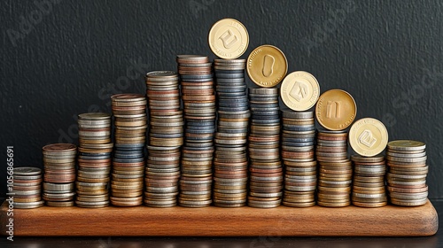 A creative concept photo showing a pyramid of coins in the shape of a graph, illustrating the concept of strategic planning and monetary success in marketing endeavors. photo