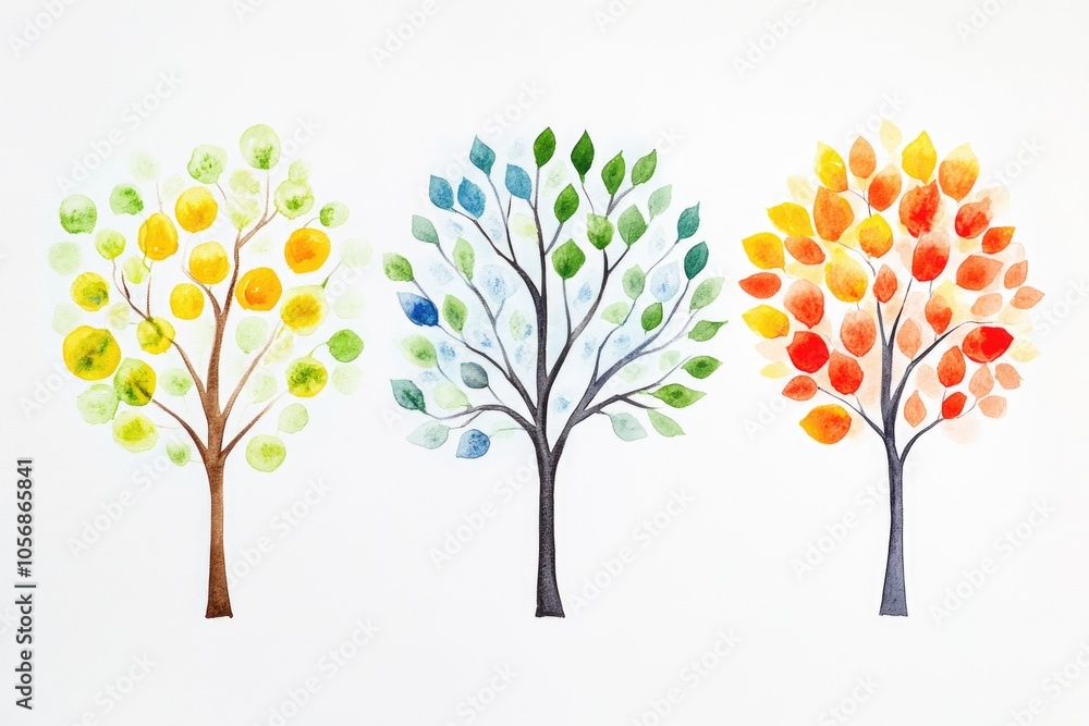 A group of four trees painted in different colors, suitable for use in illustrations, designs or as a decorative element A group of four trees painted in different colors, suitable for use in illustrations, designs or as a decorative element
