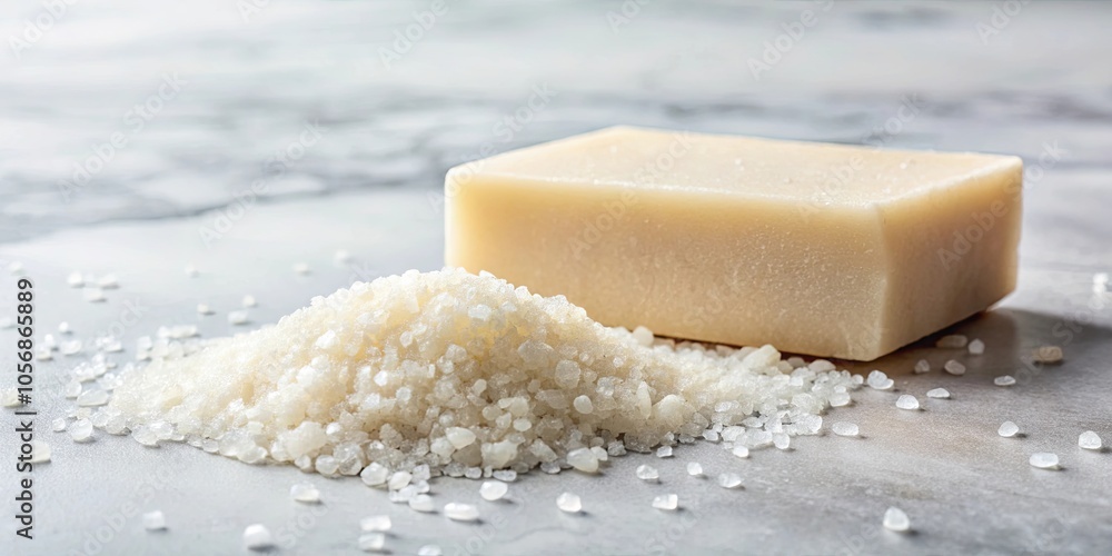 Naklejka premium A close-up image of a bar of soap and a pile of sea salt crystals on a marble surface, clean, hygiene, bath, shower