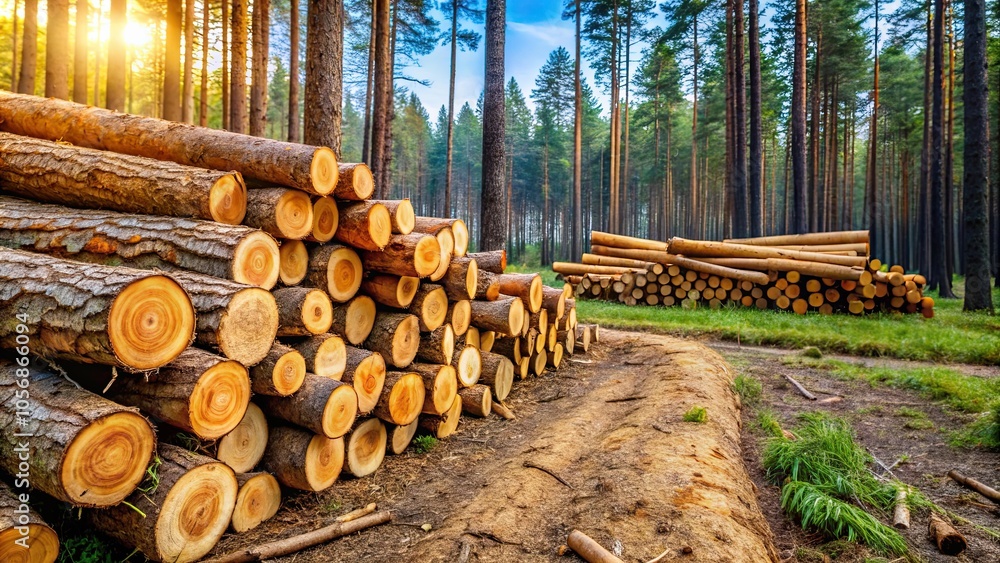 Freshly cut pine wood logs in a forest clearing , pine wood, coniferous trees, logging, timber Freshly cut pine wood logs in a forest clearing , pine wood, coniferous trees, logging, timber
