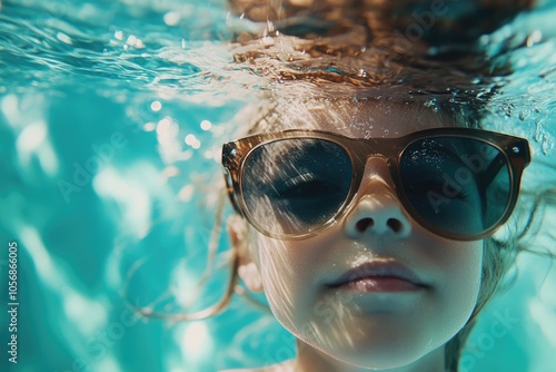 Young girl swimming in a pool wearing sunglasses, a fun summer scene