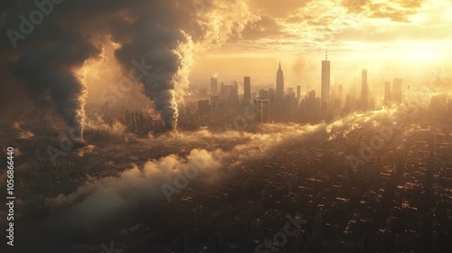 A dense, smoke-filled city skyline with a golden sky and a prominent plume of smoke.