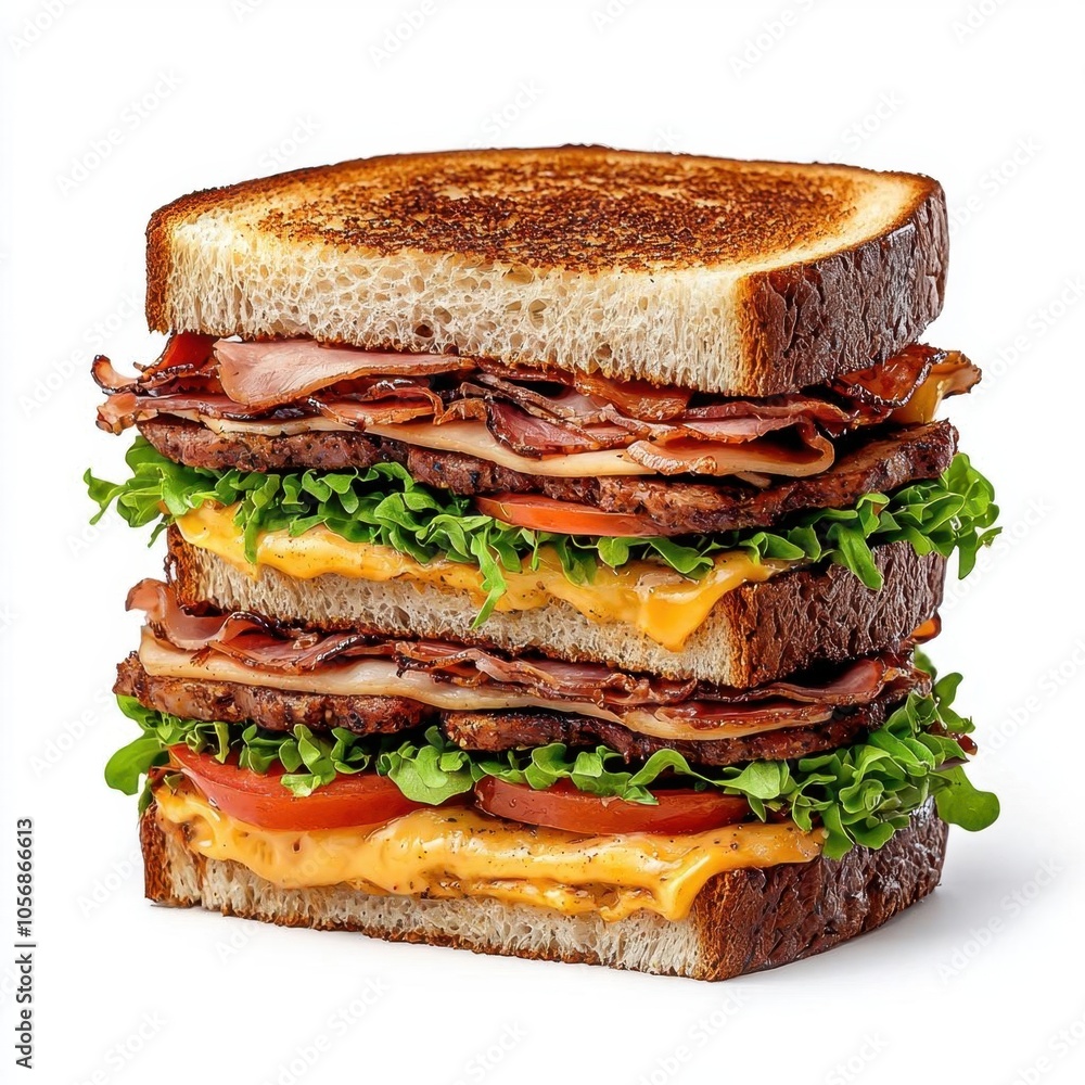 A photostock of a stacked club sandwich with deli meats on a white background, layered and tasty. A photostock of a stacked club sandwich with deli meats on a white background, layered and tasty.