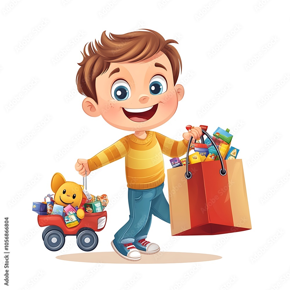Cartoon kid excitedly holding a shopping bag filled with toys on a white background. Cartoon kid excitedly holding a shopping bag filled with toys on a white background.