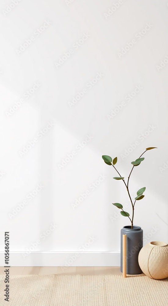 Minimalist interior design with a plant in a grey vase, a wicker basket, and a natural rug. Minimalist interior design with a plant in a grey vase, a wicker basket, and a natural rug.