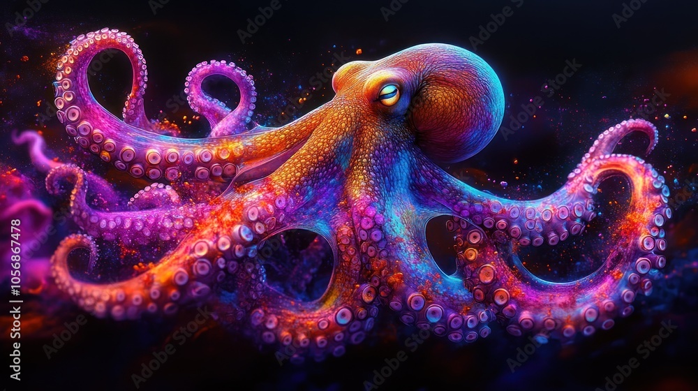 A vibrant, colorful octopus with intricate tentacles in a dark background. A vibrant, colorful octopus with intricate tentacles in a dark background.