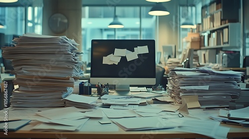 An office scene with a cluttered desk featuring a sleek desktop computer, stacks of papers, and scattered office supplies