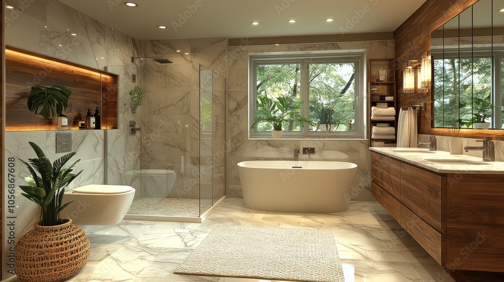 Modern bathroom featuring elegant design and natural light. Modern bathroom featuring elegant design and natural light.