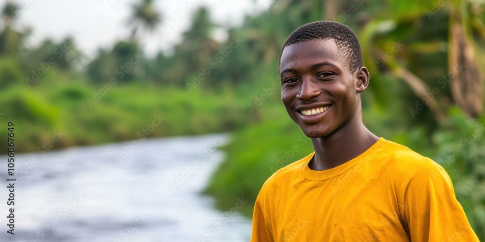 Calm Smiling Young Man from Ivory Coast Walking Along a Serene Riverbank in Nature Calm Smiling Young Man from Ivory Coast Walking Along a Serene Riverbank in Nature