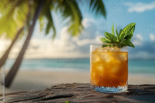 Refreshing cocktail in a glass with ice and mint leaves sits on a wooden table by the beach. The ocean waves are calm under a clear sky. Generative AI