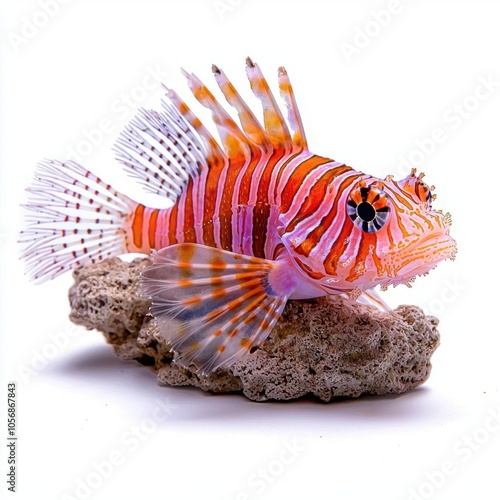 A photostock of a vibrant lionfish on a white background, exotic and colorful. photo