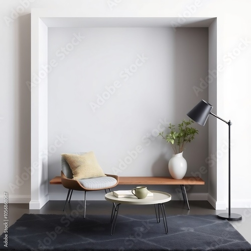 Minimalist living room with a grey armchair, a coffee table, a floor lamp, and a vase of green plants. photo