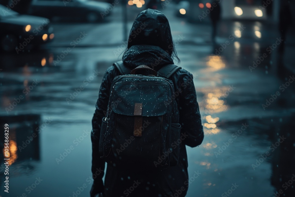 A person walks in the rain carrying a backpack, possibly on their way to or from somewhere A person walks in the rain carrying a backpack, possibly on their way to or from somewhere