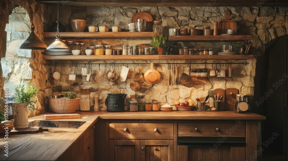 Rustic Charm: A Cozy Stone Kitchen Filled with Natural Light and Pantry Staples Rustic Charm: A Cozy Stone Kitchen Filled with Natural Light and Pantry Staples