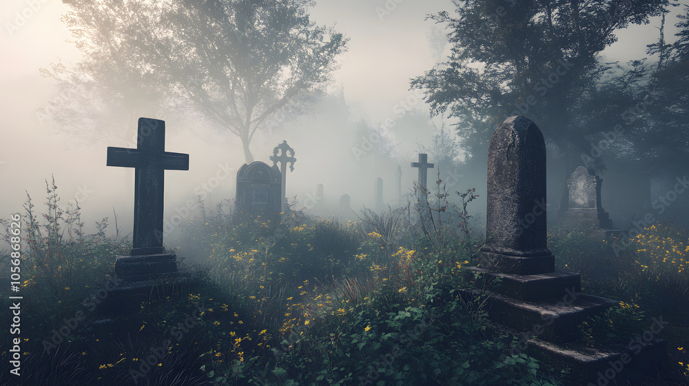 An abandoned cemetery covered in thick mist, with faint whispers in the air. An abandoned cemetery covered in thick mist, with faint whispers in the air.