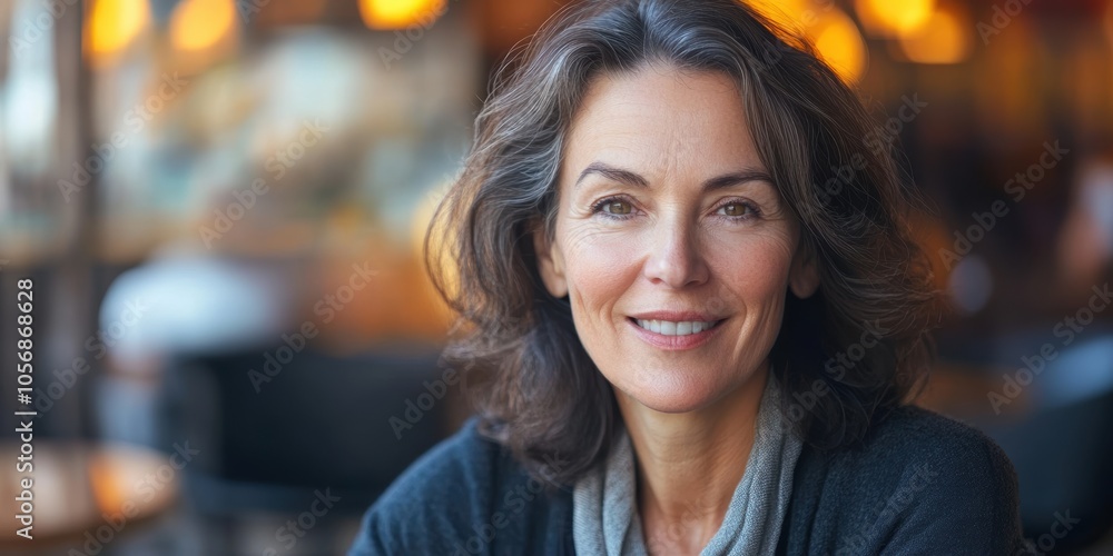 European Woman with a Gentle Smile Enjoying Leisure Time in a Cozy City Cafe European Woman with a Gentle Smile Enjoying Leisure Time in a Cozy City Cafe