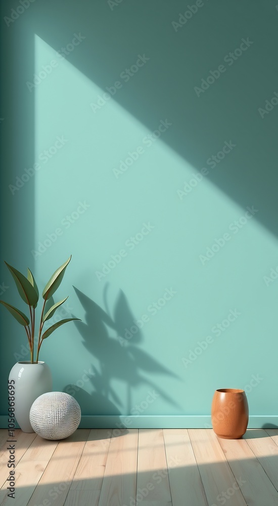 Green wall with wooden floor, plant and vase. Green wall with wooden floor, plant and vase.