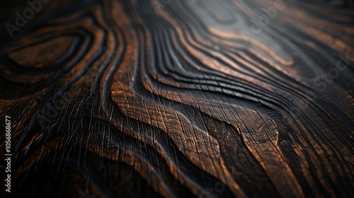 Black wood with swirling patterns and highlighted grain, creating an elegant, organic background perfect for luxurious design.