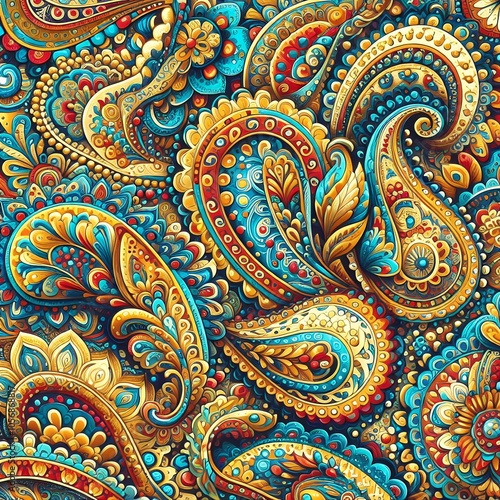 Intricate Abstract Paisley Pattern with Gold and Turquoise Details with Generative AI.